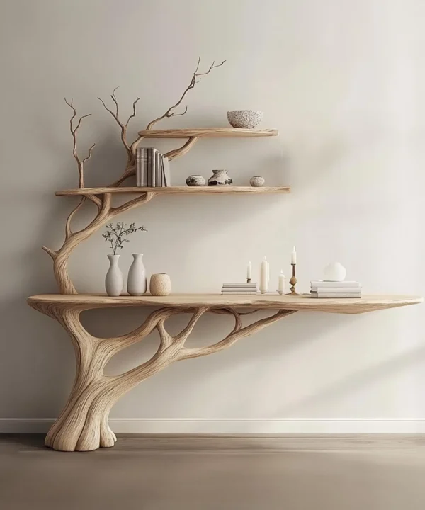 Tree Branch Wall Mounted Bookshelf With Narrow Console Table Base